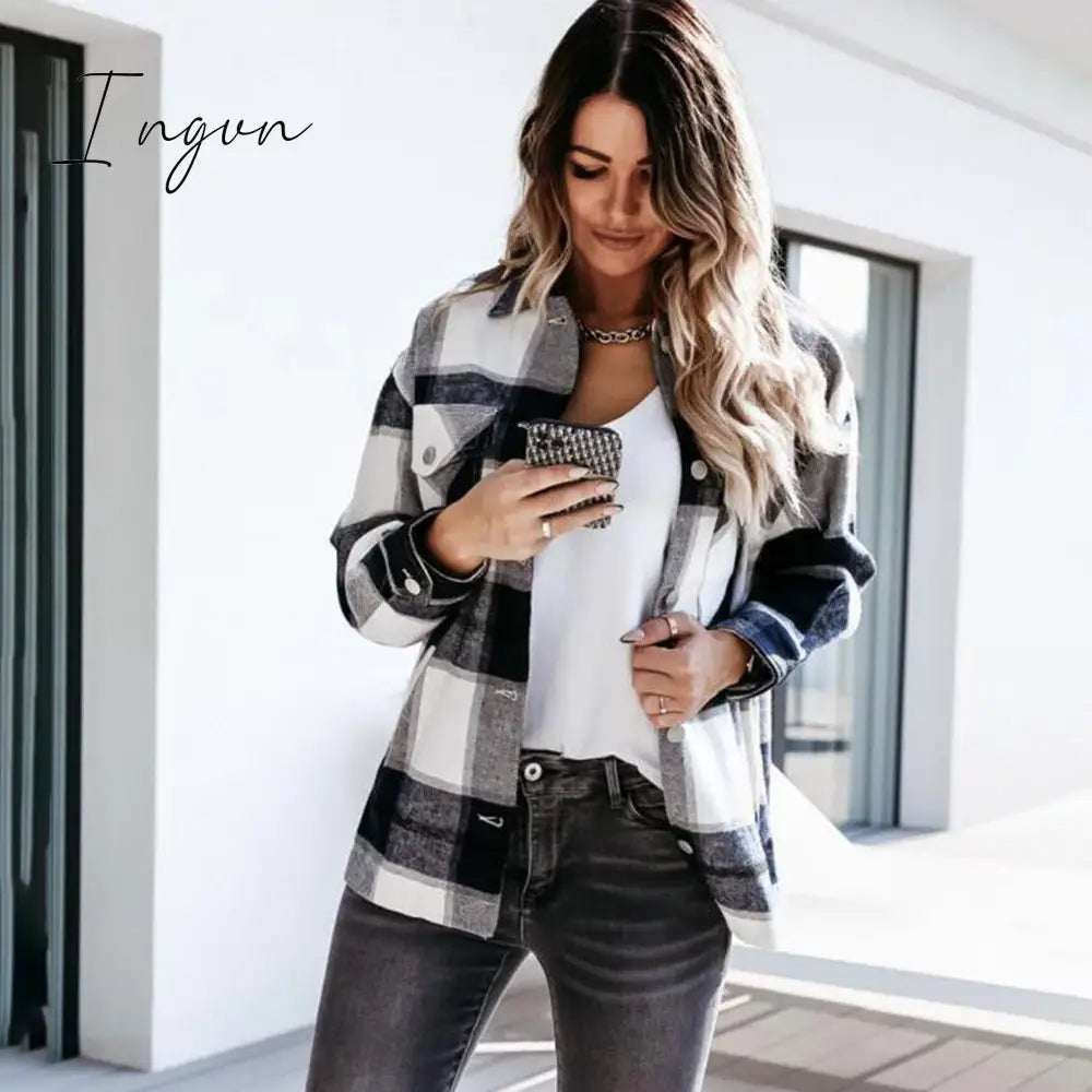 Ingvn - Shirts For Women Plaid Long Sleeve Button Up Shirt Collared Tops And Blouse Autumn Spring Fashion Loose Casual Black White