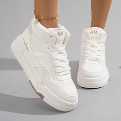Trendy Women's High-Top Sneakers - Versatile White, Lace-Up Casual Shoes with Thick Sole, Breathable PU Cover & Comfort Fabric