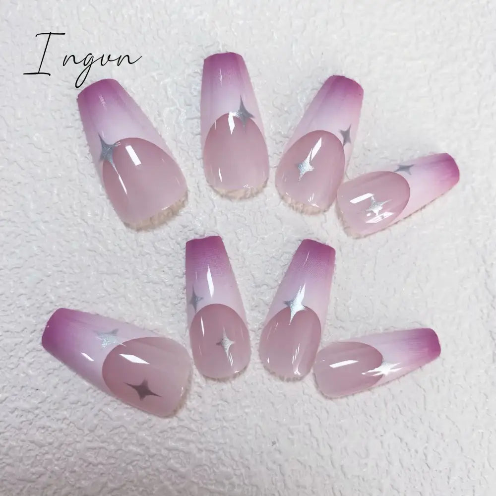 24Pcs Purple Y2K Press on Nails Star Designs Long Coffin False Nails Tips Reusable Ballerina Fake Nails for Women faux ongles