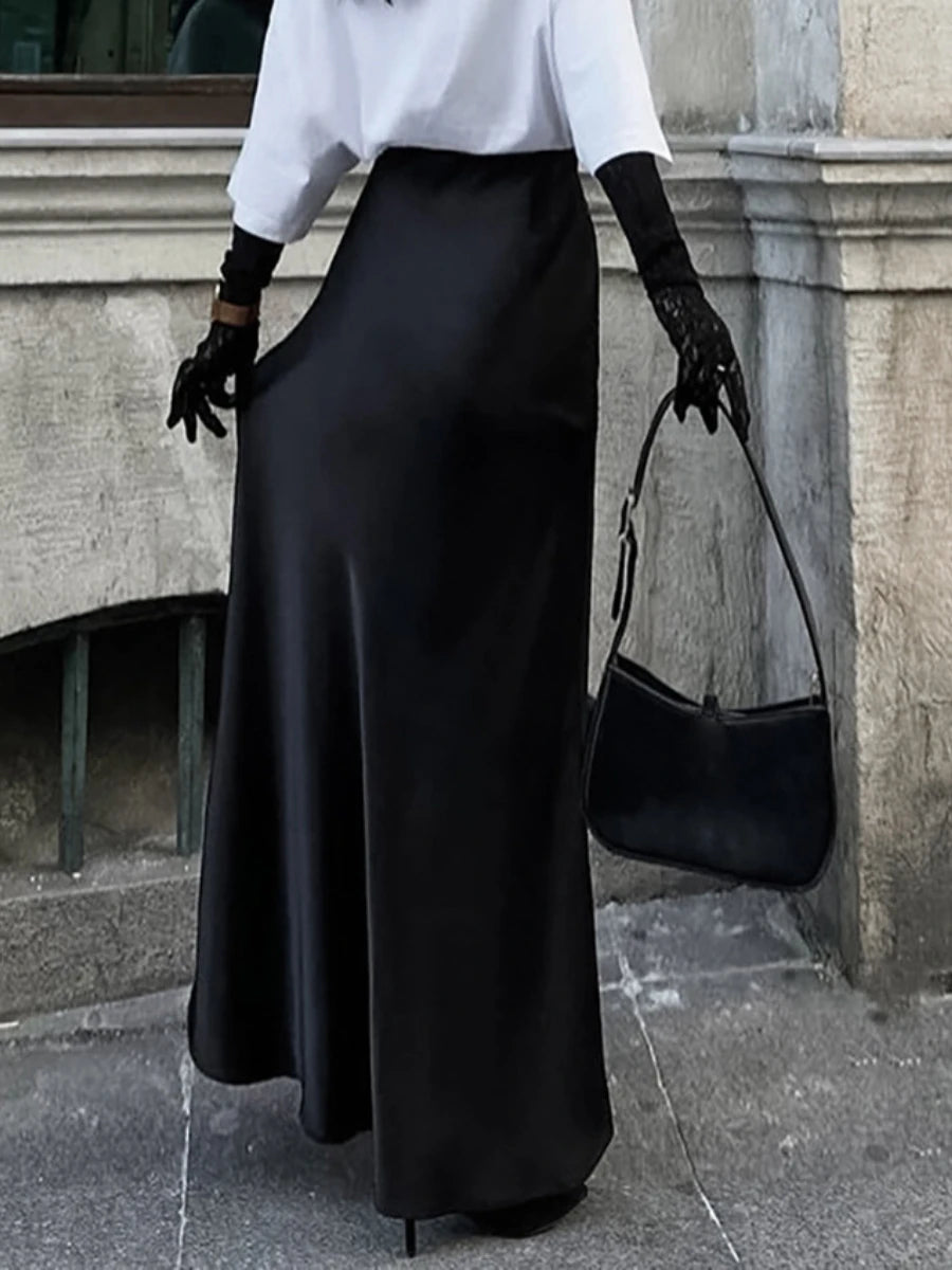 Ingvn   Women's High Waisted Solid Long Skirt Elegant Lce Silk Satin Slim Fit Skirt Fashion Office Lady Summer Long Skirt
