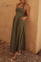 Ingvn - Sexy Solid Pocket Fold Halter Sleeveless Dresses