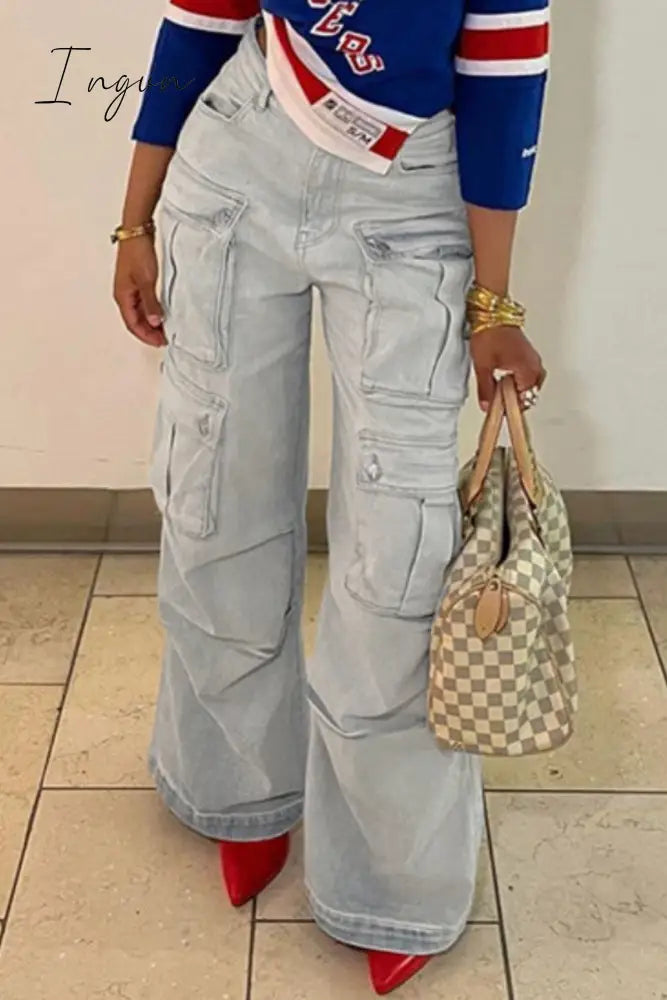 Ingvn - Casual Solid Patchwork High Waist Regular Denim Jeans