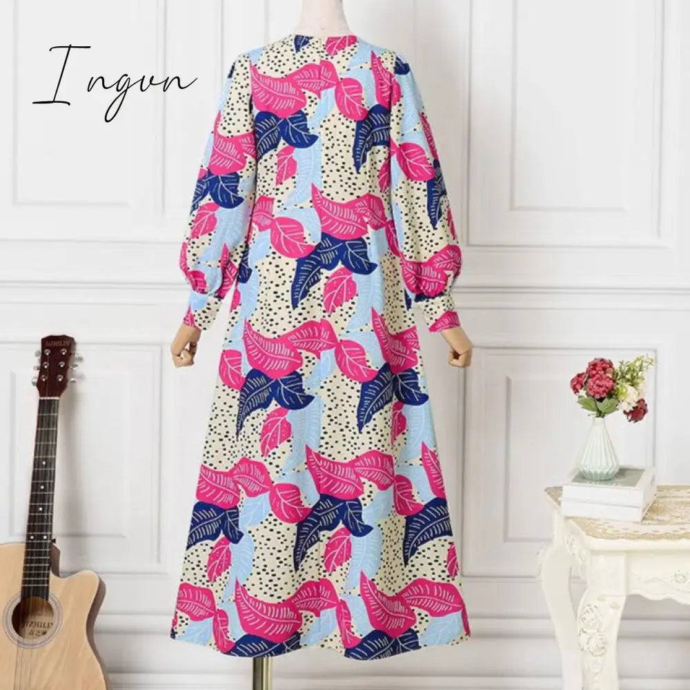 Ingvn - Summer Party Long Maxi Dress Women Long Sleeve Slit Vintage Printed Pleated Bohemian Beach Sundress Casual Vestido