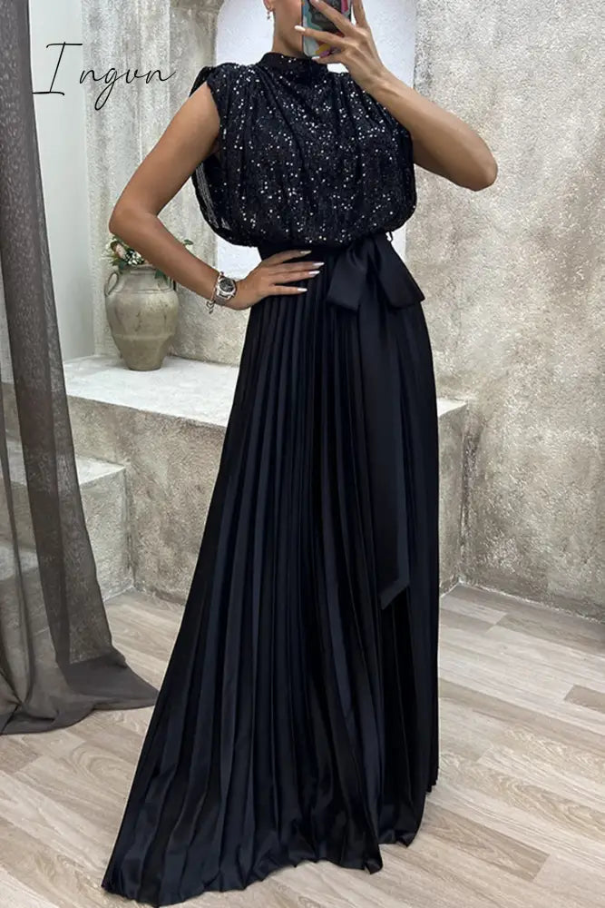 Ingvn - Elegant Solid Sequins Frenulum Fold Half A Turtleneck Evening Dress Dresses
