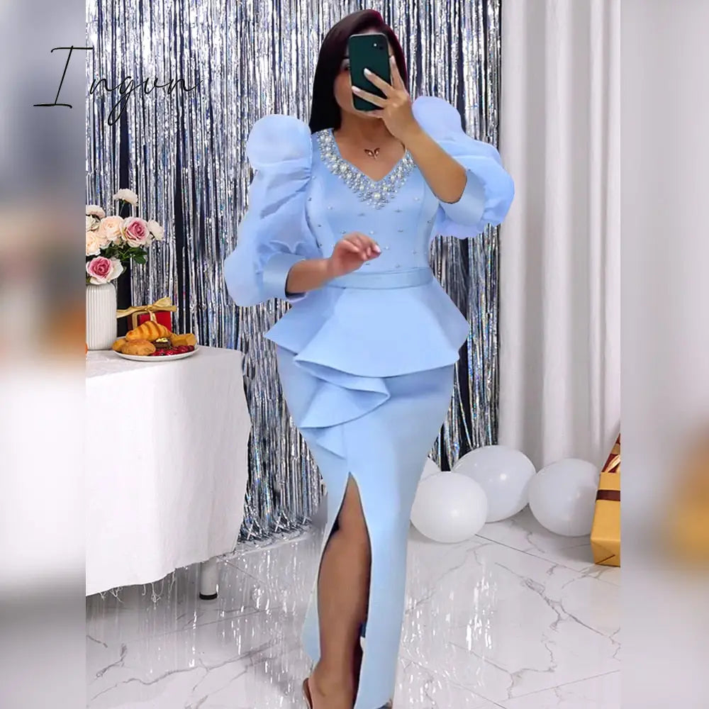Ingvn - Chic Women Long Dresses Beaded Sweetheart Neck Tulle Long Sleeve High Waist Slit Dress Elegant Date Night Business Club Wear 3XL