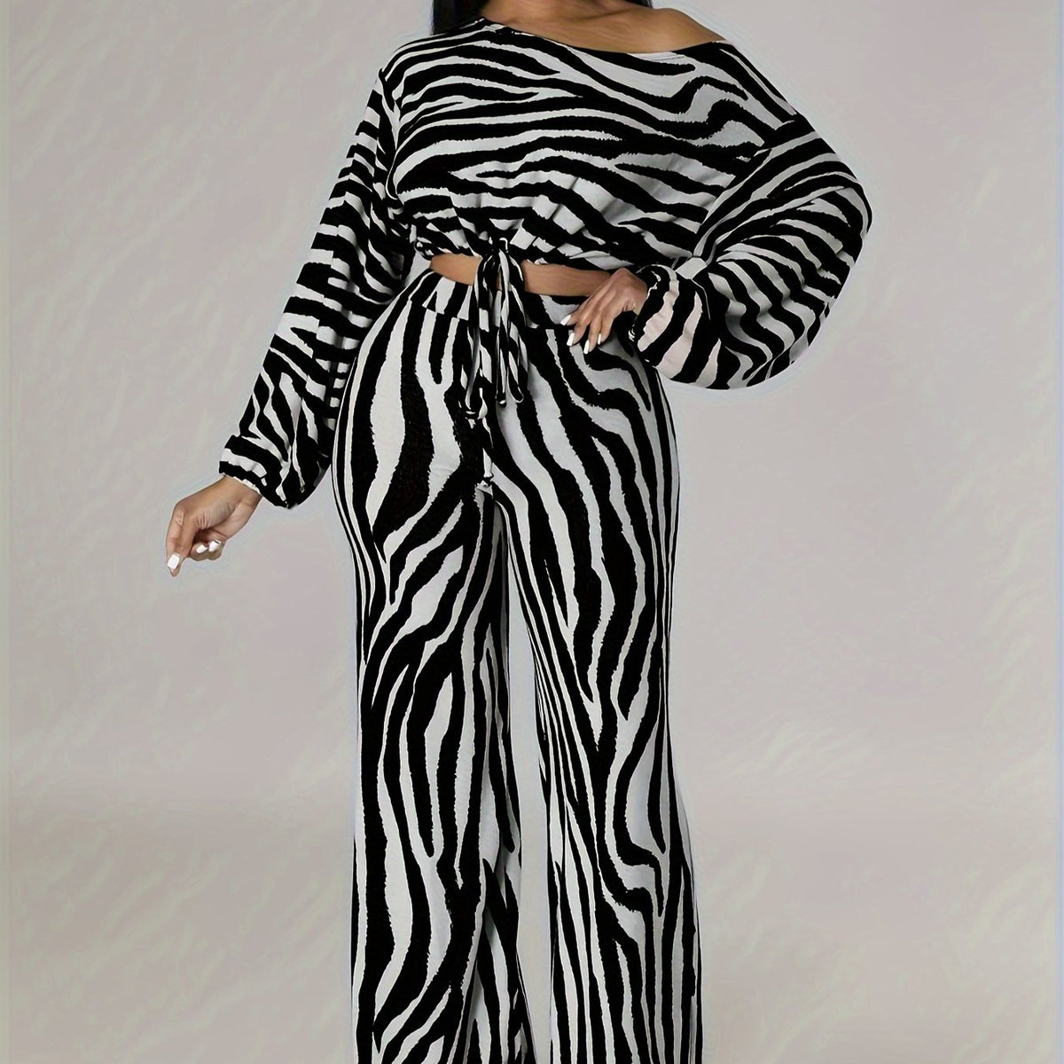 Long Sleeve Cut Out Crop Top & Wide Leg High Waist Pants Set, Zebra Pattern Elegant Outfits, Women's Clothing