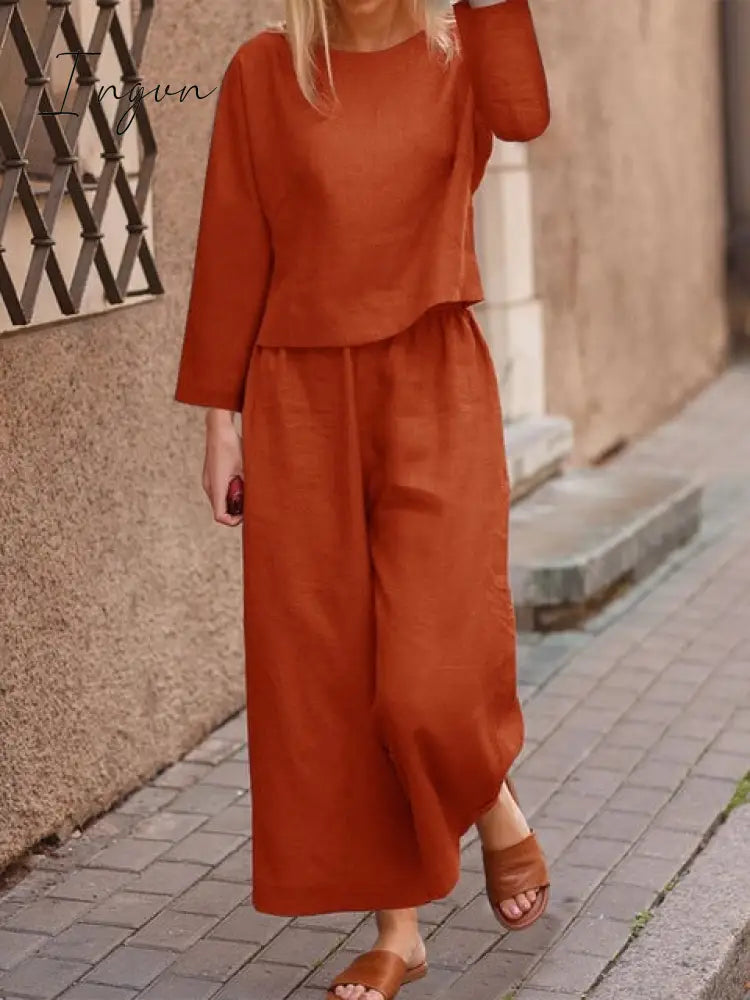 Ingvn - Plus Size 5XL Cotton Women's Pantsuit Suit Loose O-neck Top Wide-leg Trouser Suits Female Spring Fashion Casual Set Ladies