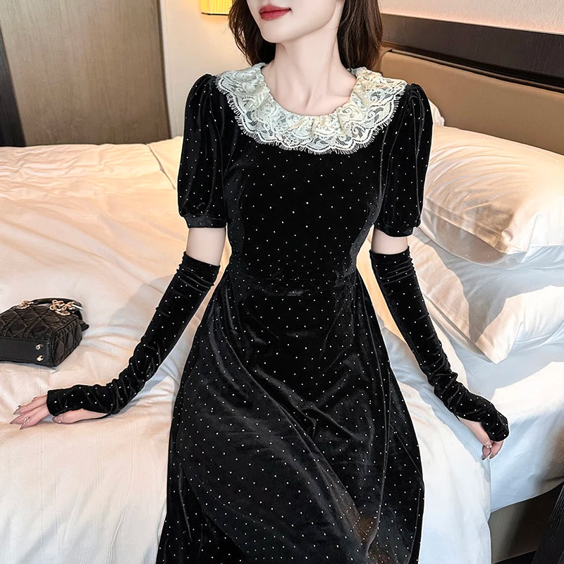 Elegant Fashion Velvet Black Midi Dresses for Women Autumn New Vintage Slim Casual Evening Birthday Party Female Clothing