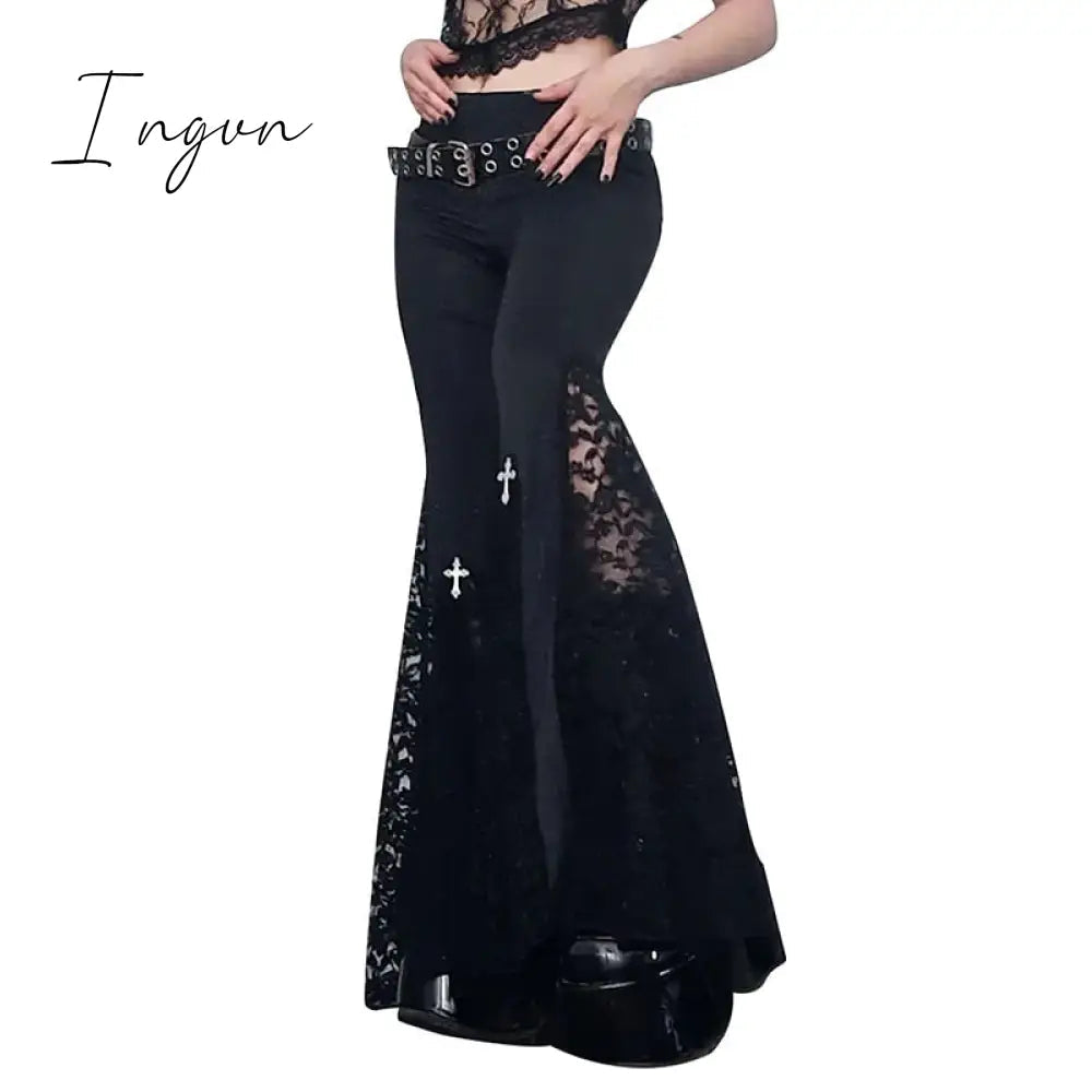 Ingvn - Goth Mall Flare Pants Sexy Black Lace Patchwork High Waist Vintage Harajuku Hippie Punk Grunge Streetwear  Y2k Pants
