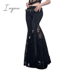 Ingvn - Goth Mall Flare Pants Sexy Black Lace Patchwork High Waist Vintage Harajuku Hippie Punk Grunge Streetwear  Y2k Pants