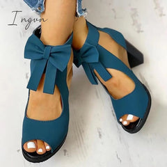 Ingvn - Peep Toe Mesh Insert Bowknot Chunky Heeled Sandals