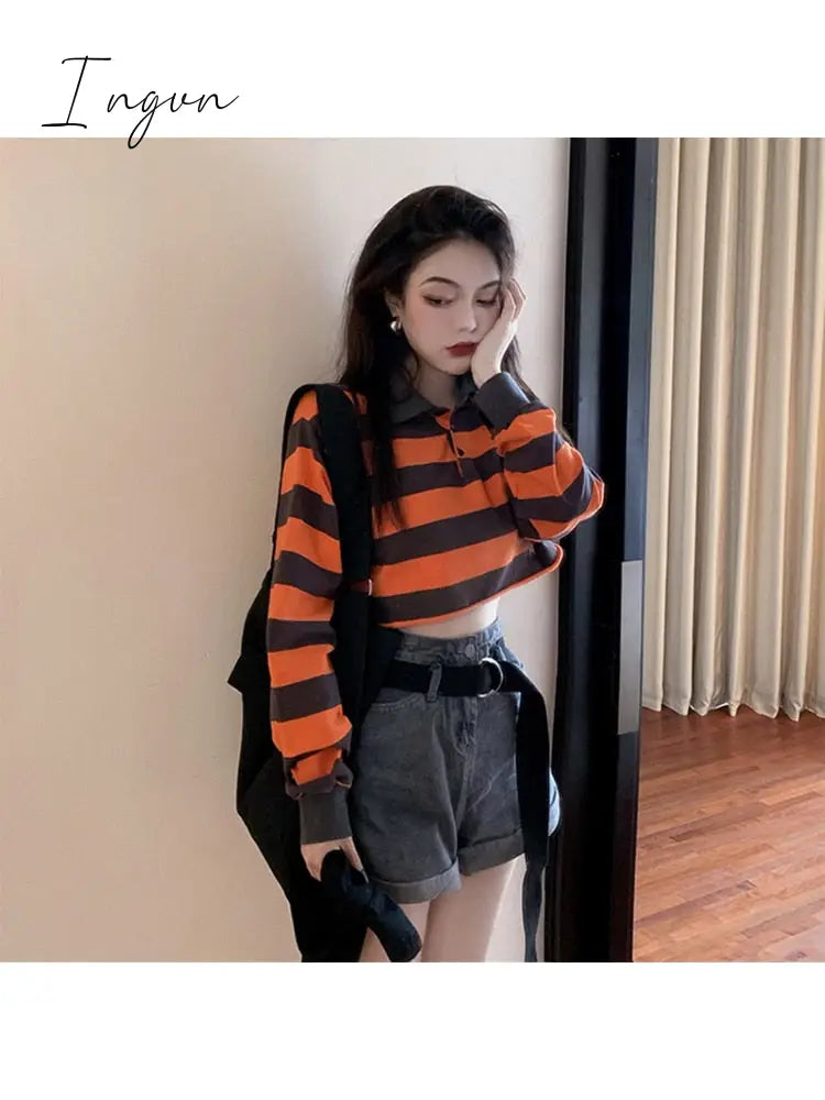 Ingvn - Loose Casual Vintage Striped Turn Down Collar