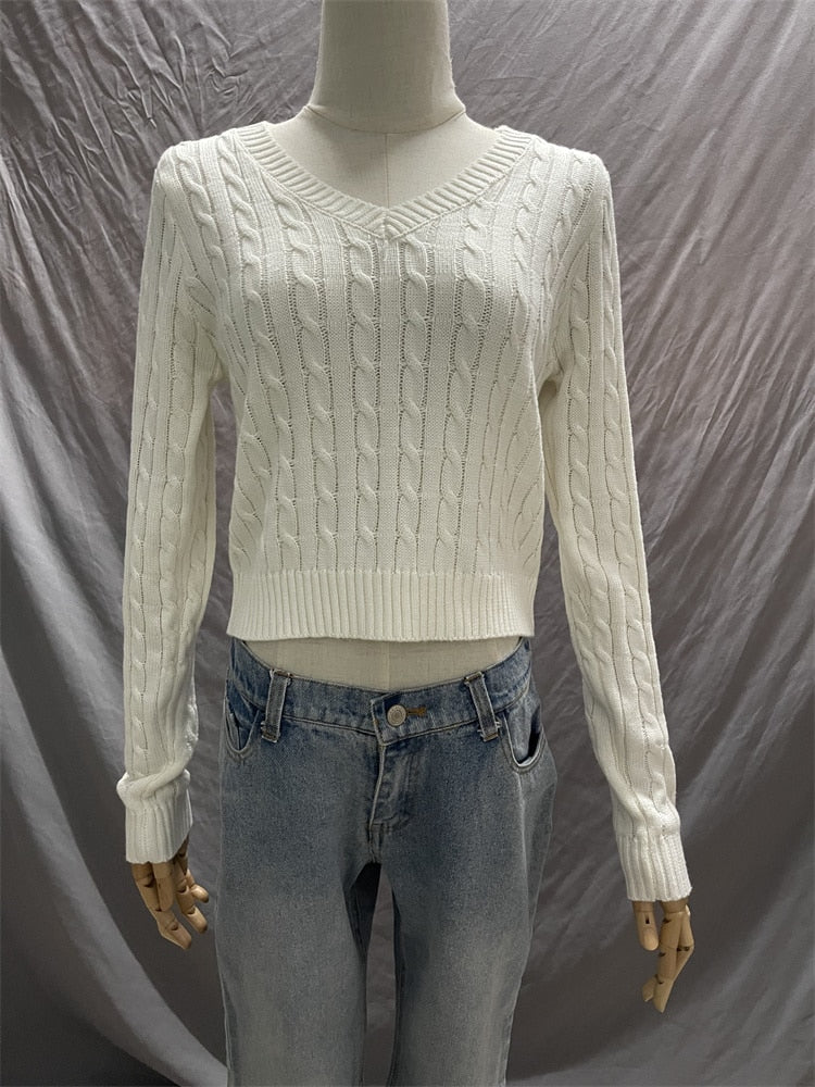 Brandy Mandy Sweaters Women White Knit Sweater Autumn Winter V Neck Long Sleev Knitted Sweater Navy Pullover Brandy Girl Sweater