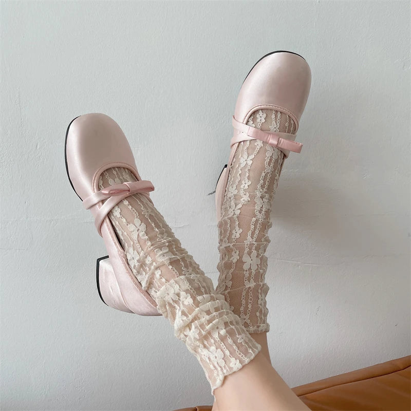 Ingvn  New Mary Janes Shoes Women's High Heels Pumps Women Butterfly-knot Square Heel Shoes Women Thick Heel Shoes Zapatos Mujer