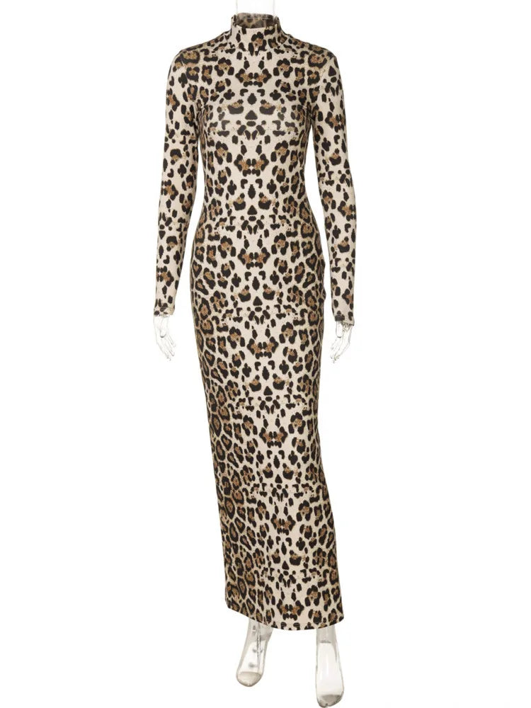 Leopard Print Turtleneck Long Sleeved High Waist Slim Fit Sexy Maxi Dress For Woemn Bodycon Elegant Club Party Dress