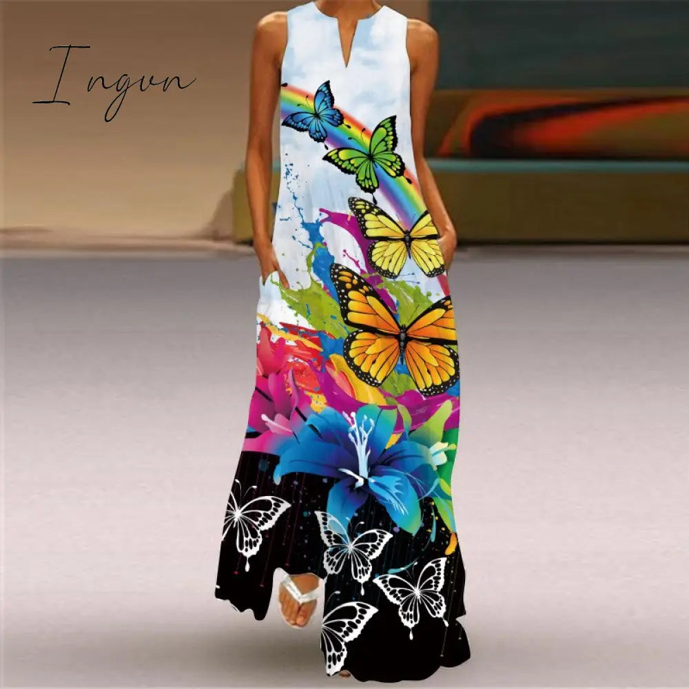 Ingvn - Fashion White Summer Dress Casual Breathable Butterfly Print Long Dresses Woman Sleeveless Beach Maxi Dress Women