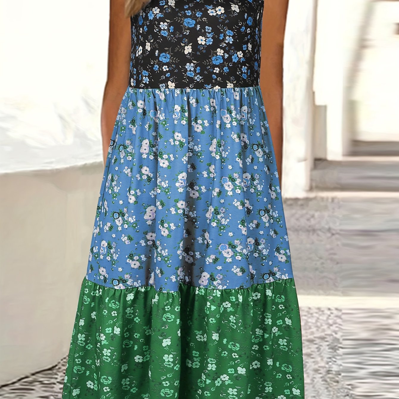 Fashionable Color Block Floral Print Tank Dress - Stylish Crew Neck, Flouncy Tiered Ruffles, Sleeveless - Versatile Casual Womens Summer Wear