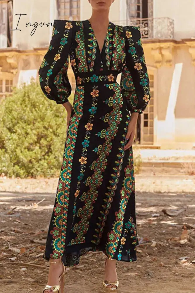 Ingvn - Vintage Elegant Geometric Print V Neck Two Pieces