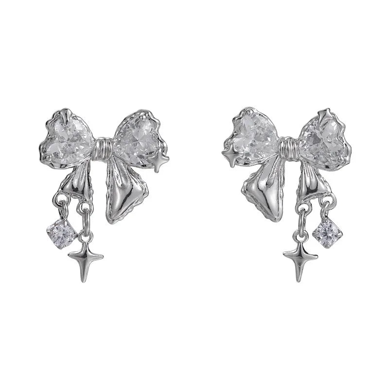 INGVN  Y2K Bowknot Zircon Stud Earrings for Women Fashion Korean Silver Color Pink Crystal Personality Earring Girl Party Jewelry Gifts