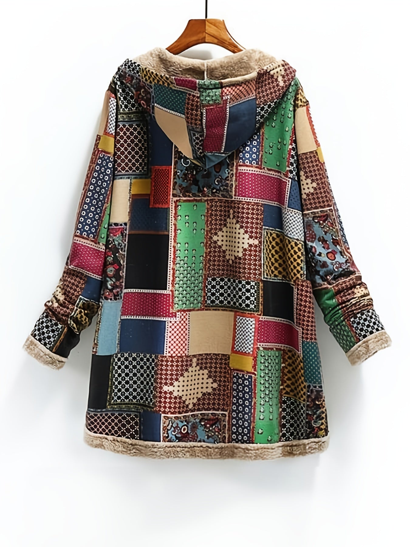 Retro Patchwork Hooded Jacket, Long Sleeve Button Up Casual Lightweight Outerwear For Fall & Winter, Women's Clothing