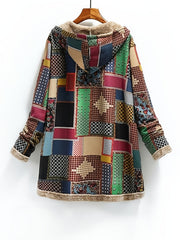 Retro Patchwork Hooded Jacket, Long Sleeve Button Up Casual Lightweight Outerwear For Fall & Winter, Women's Clothing