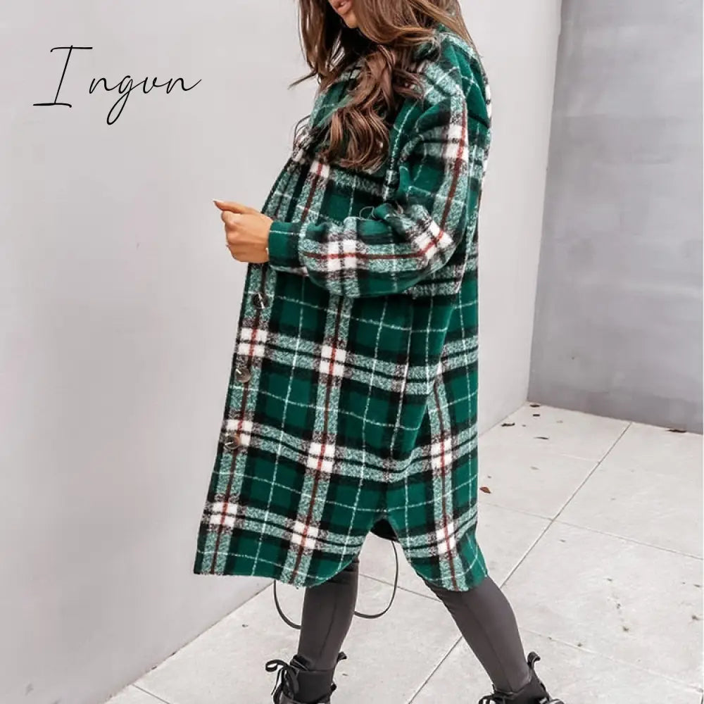 Ingvn - Women Plaid Printed Warm Jacket Autumn Winter New Fashion Casual Long Overcoat Pop Lapel Lady Single Breasted Shirt Coats