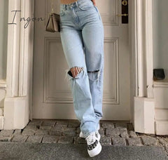 Ingvn - Womens Loose Fit Jeans Ripped Wide Leg For Women High Waist Blue Wash Casual Cotton Denim Trousers Summer Baggy Jean Pants