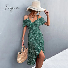 Ingvn - Ladies Spring Summer Sexy Straps Dress Women Green Off Shoulder Ruffles Casual Beach Dresses Female Floral Print Dress