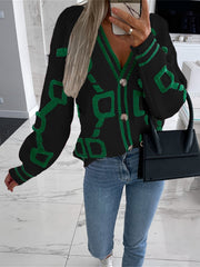 High Contrast Knit Cardigan, V-Neck Button Up Cardigan Sweater, Casual Tops For Fall & Winter, Women's Clothing