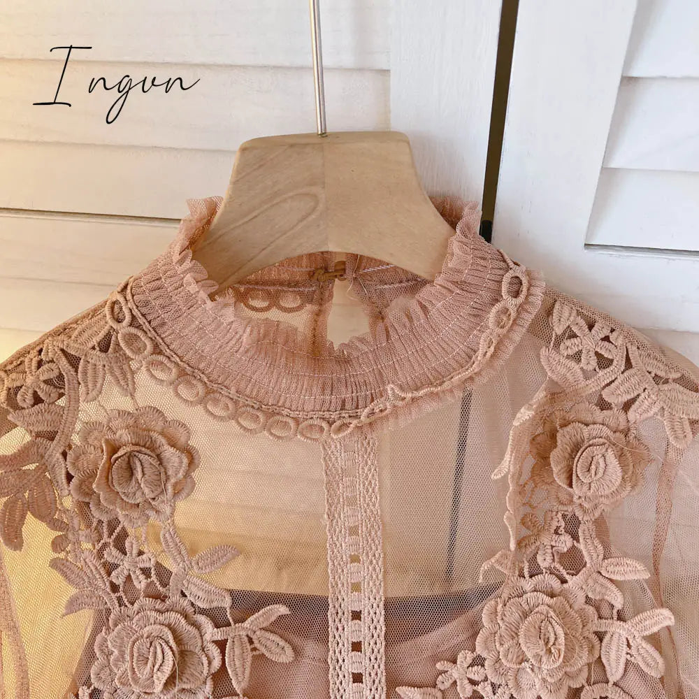 Ingvn - spring Women Mesh Tops Fashion Sexy Sheer Lace Blouse Lantern Sleeve 3D Floral Blouses Shirts Elegant Top Blusas Femininas