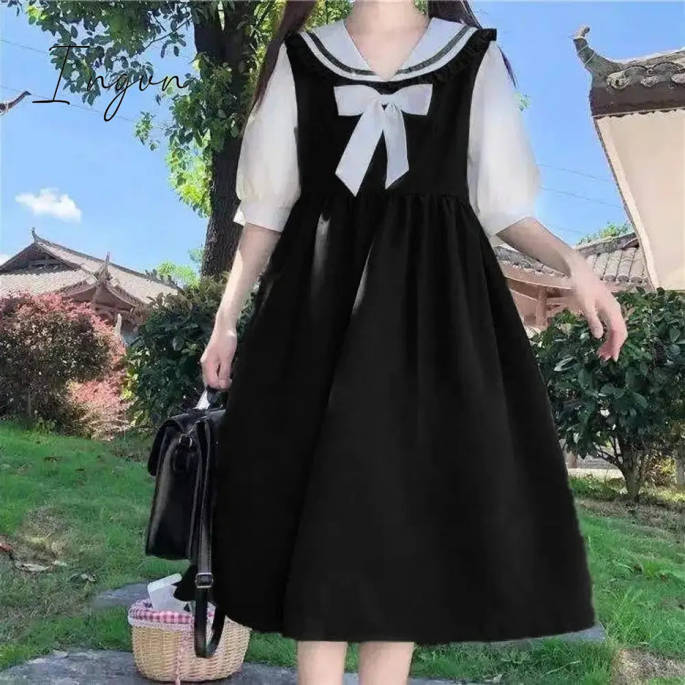 Ingvn - Harajuku Sailor Collar Navy Dress Japanese Lolita Sweet Bow-knot Girl Retro Cotton Kawaii Preppy Style Short Sleeve Dress Women