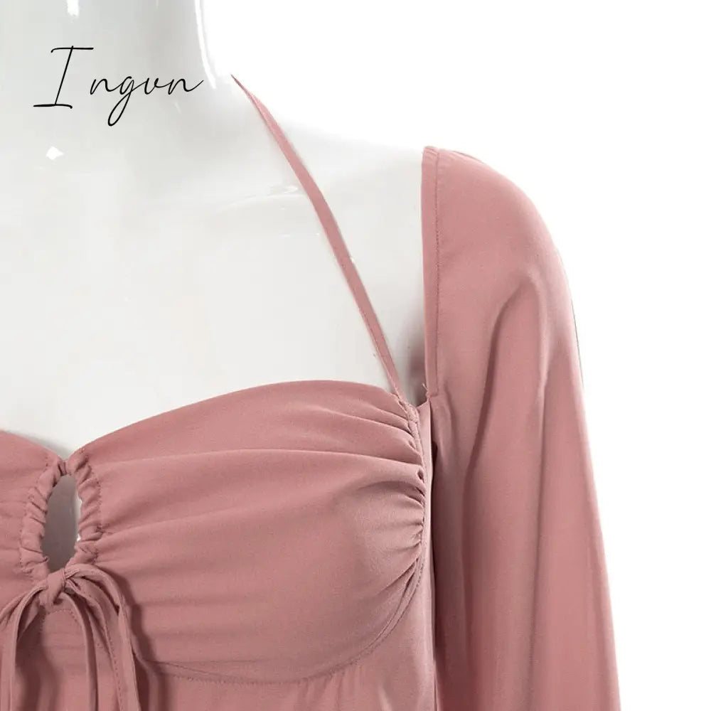 Ingvn - Going Out Outfits Spring Elegant Cut Out Halter Bodycon Mini Dress Women Sexy Flare Long Sleeve Drawstring Backless Party Dresses
