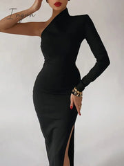 Ingvn - Long Elegant Dresses for Women Summer One Shoulder Maxi Dress Bodycon Sexy Black Slit Fomal Wedding Evening Party Dress 2023