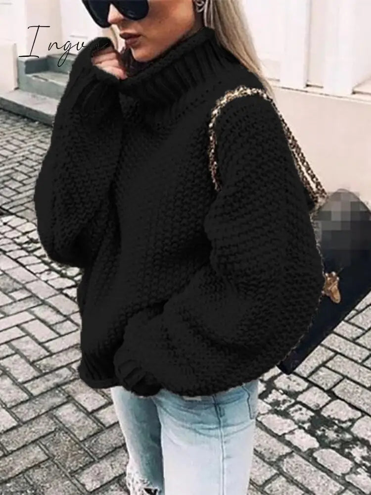 Ingvn - Womens Fall Fashion Sweater Women Autumn/Winter Turtleneck Doll Sleeve Loose Knit Sweater Fashion Women's Top Sweaters High Quality Thermal