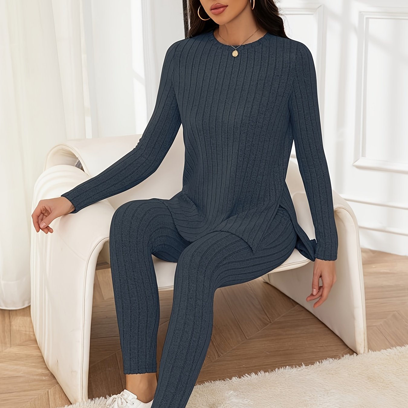 Casual Ribbed Knit Two-piece Set, Split Hem Long Sleeve Top & Slim Pants Outfits, Women's Clothing