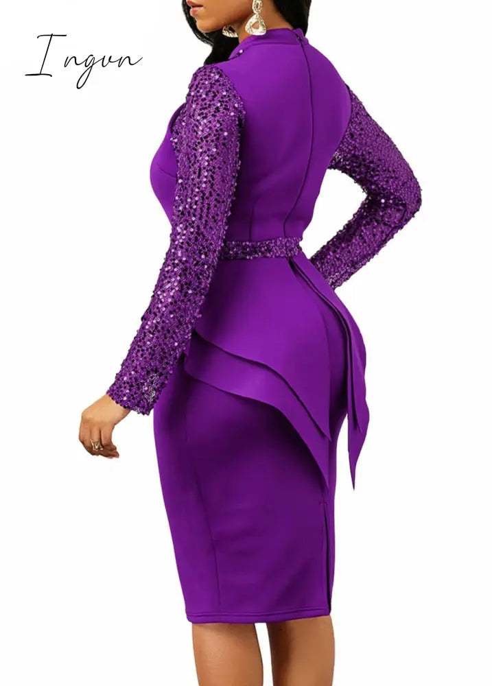 Ingvn - New arrival spring sexy lady 3 colors mid dress zipper fly ruffles bud dress full sleeve slivers office lady new dress