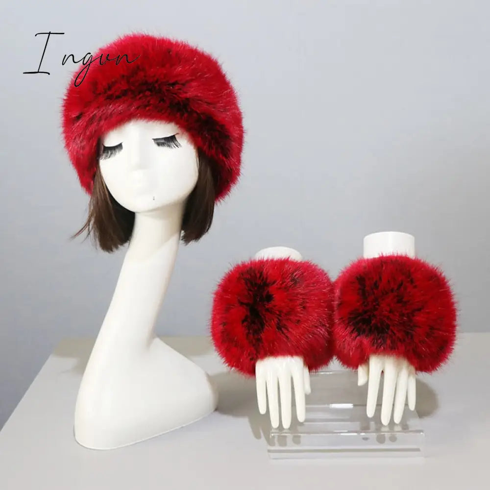 Ingvn - New Autumn Winter Caps Female Hats Cuffs Set Fashion Warmth Imitation Quality Design Faux Fur Hat Fox Fur Sleeves Suit Accessary