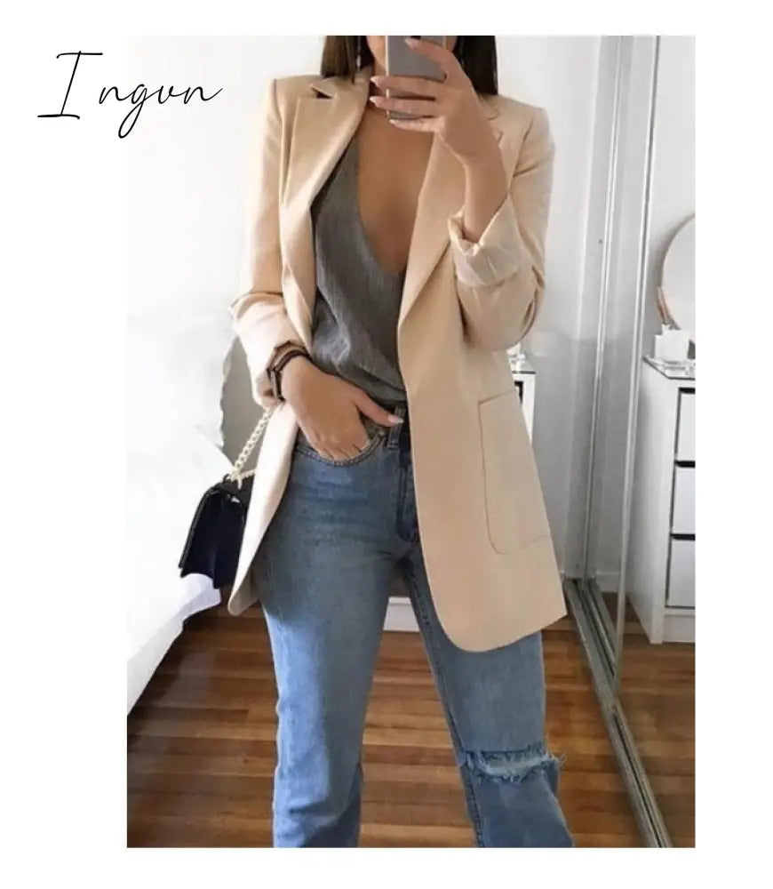 Ingvn - Fashion Korean Casual Women's Blazer Spring Autumn Long Blazer Women Suit Outwear Slim Coats Office Ladies Blazer Work Jacket