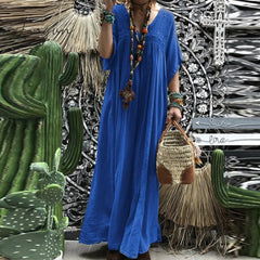 Ingvn - Women Lace Crochet Maxi Long Dress Summer 3/4 Sleeve Party Vestido Robe Femme Bohemian Sundress Casual Loose Autumn Dress