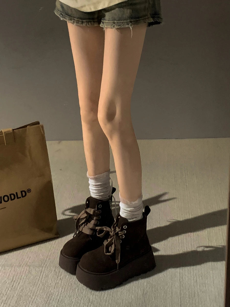 Ingvn  Winter Platform Heel Women Ankle Boots Fashion Lace Up Knight Short Booties Designer Botas De Mujer