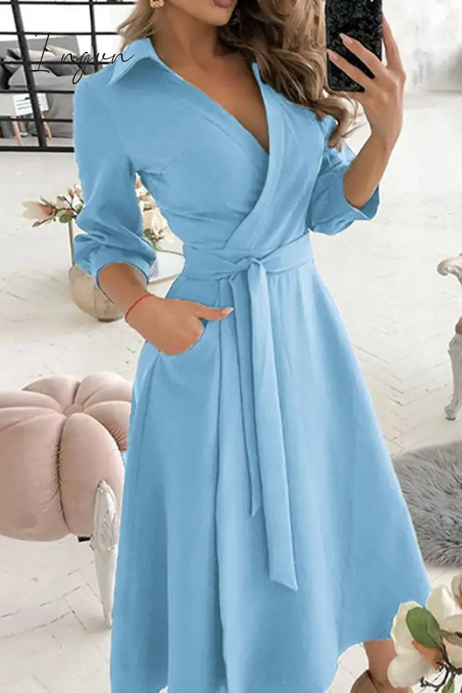 Ingvn - Fashion Elegant Print Solid Patchwork Frenulum V Neck A Line Dresses(10 Colors)