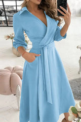 Ingvn - Fashion Elegant Print Solid Patchwork Frenulum V Neck A Line Dresses(10 Colors)