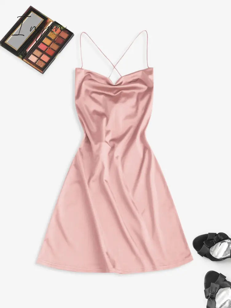 Ingvn - Women's Sexy Satin Dress Spaghetti Strap Slips Nightwear Side Slit Cocktail Party Silk Mini Dresses