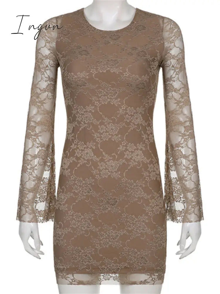 Ingvn - Retro Fairycore Grunge Mini Dresses Y2K Sexy Flare Lace Sleeves Chic Brown Clothes Elegant Aesthetic Slim Dress Cuteandpsycho