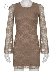 Ingvn - Retro Fairycore Grunge Mini Dresses Y2K Sexy Flare Lace Sleeves Chic Brown Clothes Elegant Aesthetic Slim Dress Cuteandpsycho