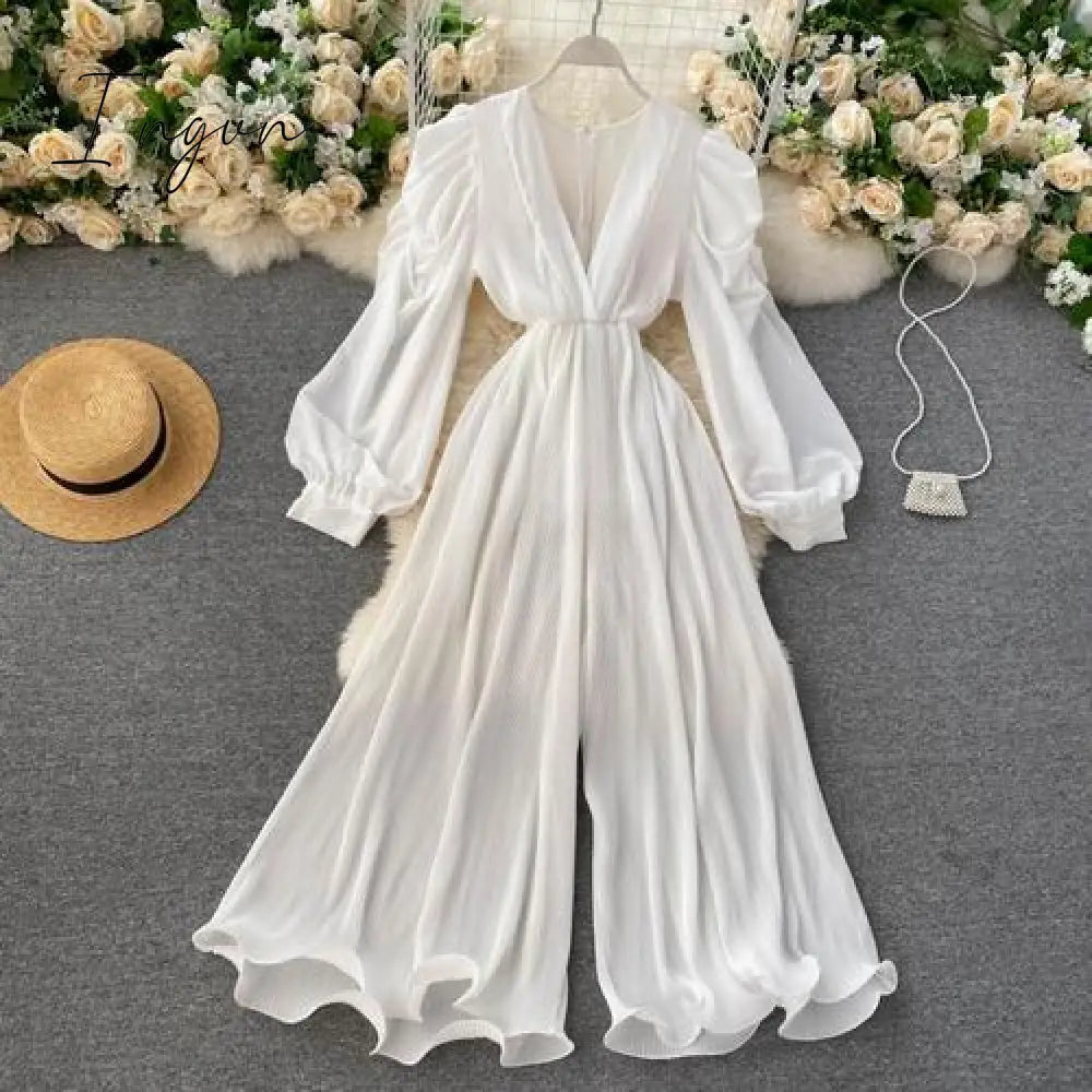 Ingvn - Spring Outfits Women Women's Sexy Pleated Romper Autumn Solid Purple/Black/White Jumpersuit Female Ruffle Wide Leg Draped Playsuits Female New