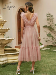 Ingvn - Fashion Trends V-neck mesh polka dot summer tulle party dress women Backless pink ruffle sleeveless dresses Elegant sash maxi vestido