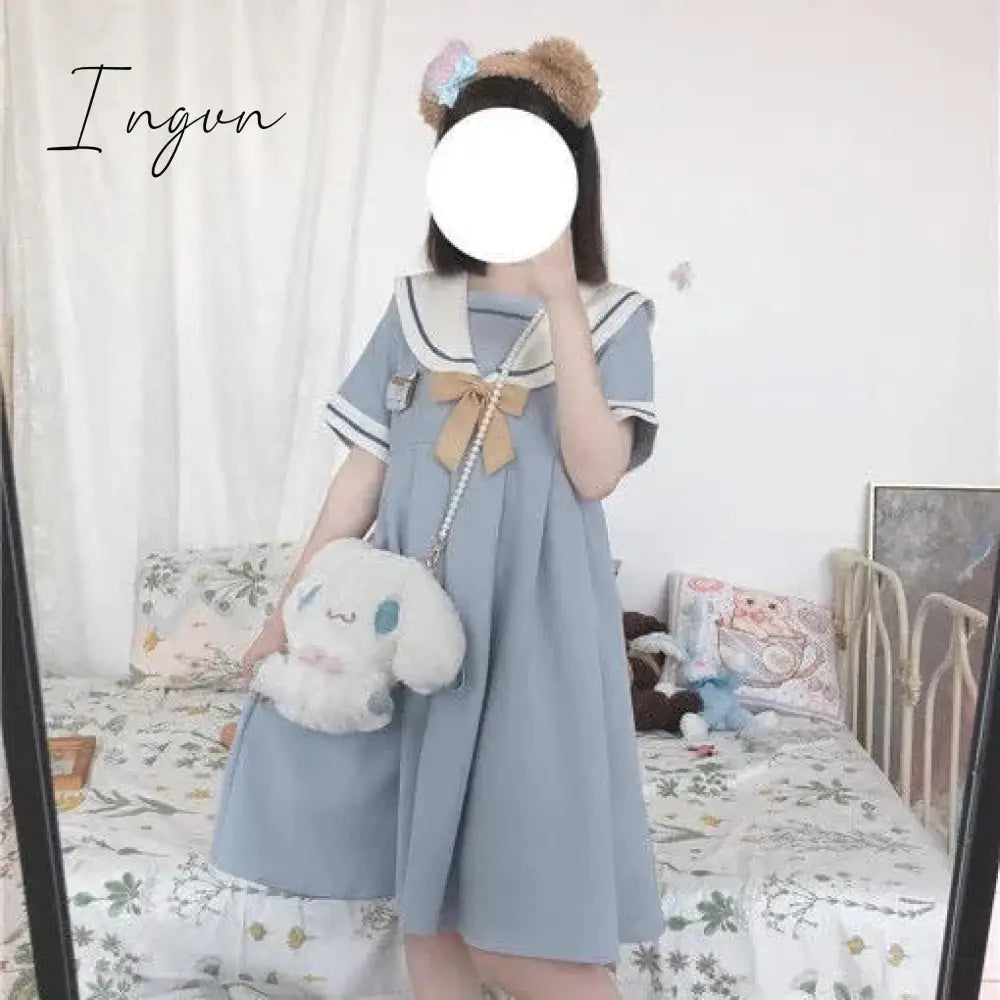 Ingvn - Harajuku Sailor Collar Navy Dress Japanese Lolita Sweet Bow-knot Girl Retro Cotton Kawaii Preppy Style Short Sleeve Dress Women