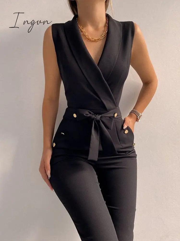 Ingvn - Female Backless V Neck Solid Zipper Jumpsuit Off Shoulder Sleeveless Overalls With Pockets Casual Women Summer Slim Long Rompers