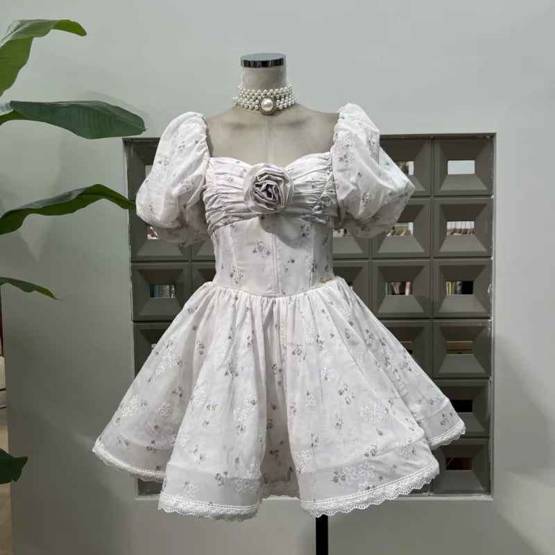 French Spliced Appliques Sweet A Line Dresses For Women Slash Neck High Waist Printing Lace Backless Dress Female Fashion